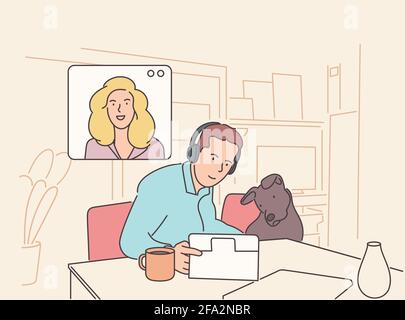 Restez et travaillez de chez vous. Illustration de la vidéo conférence. Lieu de travail, écran d'ordinateur portable, groupe de personnes parlant par Internet. Motif vectoriel de style dessiné à la main Illustration de Vecteur