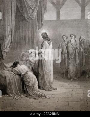 Histoire de la Bible Illustration de Jésus élevant la fille de Jairus (8: 52-54) par Gustave dore Banque D'Images