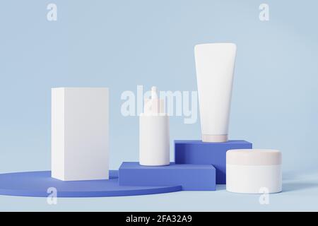 Bouteille de maquette, tube, pot et boîte d'emballage pour produits cosmétiques, modèle ou publicité, fond bleu, rendu d'illustration 3d Banque D'Images