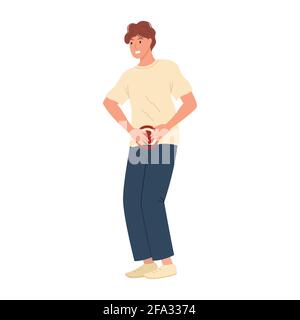 Concept de douleur et de problèmes de santé dans l'abdomen et l'estomac. Jeune homme debout avec les mains sur le ventre. Illustration vectorielle de style plat. Illustration de Vecteur