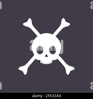 Crâne pirate avec os croisés vecteur plat illustration isolée sur fond noir. Jolly Roger symbole de pirate, mort crâne, danger, et étiquette de poison ou de conception d'icône. Illustration de Vecteur