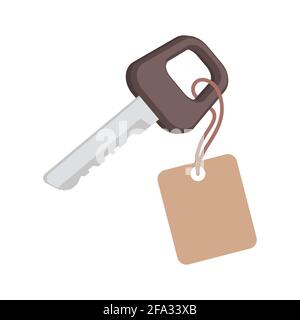 Clé avec illustration vectorielle plate d'étiquette isolée sur fond blanc. Concept de panneau de clés de voiture, de chambre ou de maison. Vente ou achat de biens immobiliers, prêt hypothécaire, location de biens ou de voitures. Illustration de Vecteur