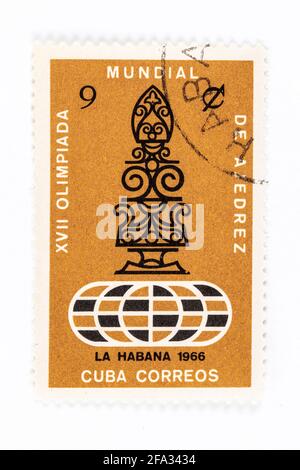 Timbre postal antique de 'Cuba Correos' commémorant les XVII Jeux Olympiques d'échecs. La Habana 1966 Banque D'Images