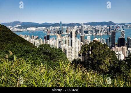 Vue sur Hong Kong depuis Victoria Peak. Destination de voyage populaire. Le port et les gratte-ciel dominent le paysage. Banque D'Images