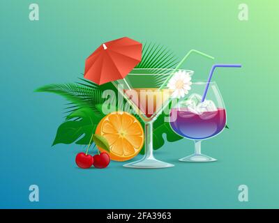 Cocktails colorés d'été décorés de pailles, de fleurs et de parasols à cocktail, illustration de dessins animés vectoriels. Feuilles tropicales vertes, orange et cerises. Notion : boissons fraîches à l'alcool froid. Illustration de Vecteur