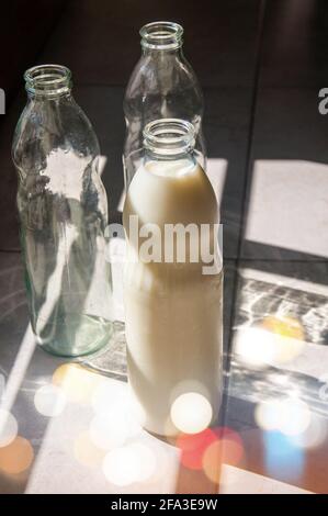 Biberons en verre avec lait, pleins et vides. Banque D'Images