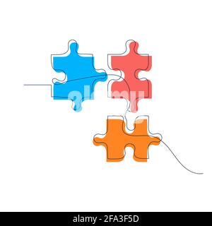 Puzzle de pièces de dessin continu à une ligne avec couleurs. Design de métaphore d'entreprise. Illustration vectorielle dessinée à la main. Illustration de Vecteur