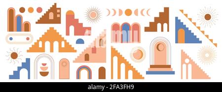 Escaliers marocains, arche, murs, arc vecteur. Éléments d'architecture de style boho. Imprimé abstrait tunisien et algérien tendance. Soleil de Bohême, lune, lignes Illustration de Vecteur