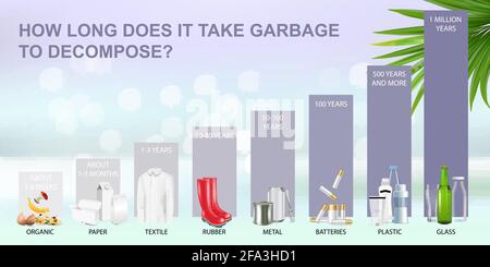 Combien de temps faut-il aux déchets pour se décomposer dans l'environnement, infographie vectorielle. Chronologie de la décomposition des déchets. Écologie Illustration de Vecteur