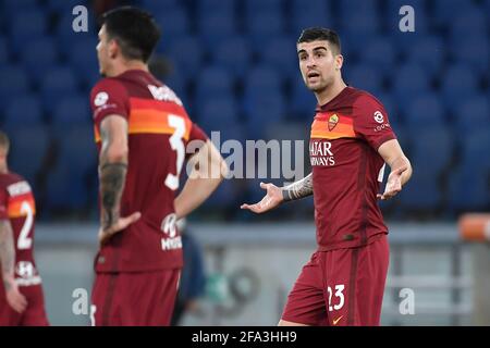 Rome, Italie. 22 avril 2021. Gianluca Mancini de AS Roma réagit pendant la série UN match de football entre AS Roma et Atalanta BC au stade Olimpico de Roma (Italie), le 22 avril 2021. Photo Antonietta Baldassarre/Insidefoto Credit: Insidefoto srl/Alay Live News Banque D'Images