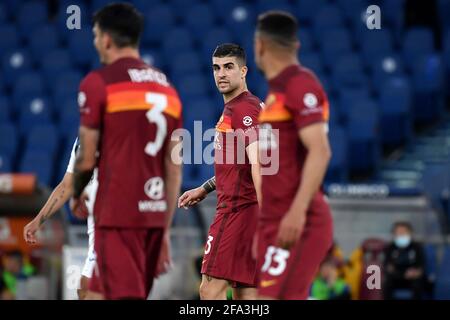 Rome, Italie. 22 avril 2021. Gianluca Mancini de AS Roma réagit pendant la série UN match de football entre AS Roma et Atalanta BC au stade Olimpico de Roma (Italie), le 22 avril 2021. Photo Antonietta Baldassarre/Insidefoto Credit: Insidefoto srl/Alay Live News Banque D'Images