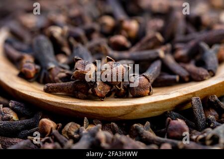 Macro photographie de clous de girofle, sont les boutons de fleurs aromatiques d'un arbre de la famille des Myrtaceae, Syzygium aromaticum. Banque D'Images