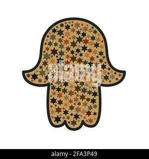 Une amulette sacrée traditionnelle orientale ou indienne d'un symbole religieux est la Hamsa, la main de David, avec des étoiles multicolores dans le style mosaïque. VEC Illustration de Vecteur