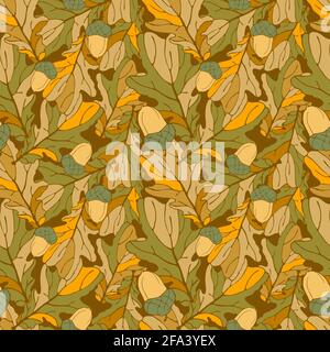 Camouflage d'automne motif sans couture, silhouettes marron, jaune, orange de feuilles de chêne, glands. Design moderne de style esquisse dessiné à la main, arrière-plan Illustration de Vecteur