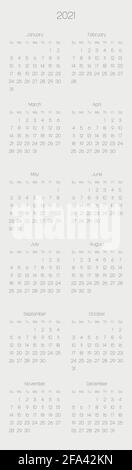 Calendrier mensuel annuel de l'année 2021 Illustration de Vecteur