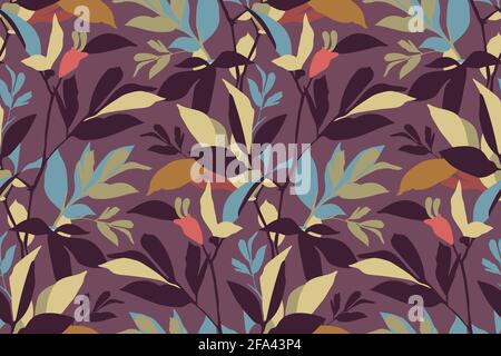 Motif fleuri vectoriel sans coutures. Feuilles colorées sur un violet Illustration de Vecteur
