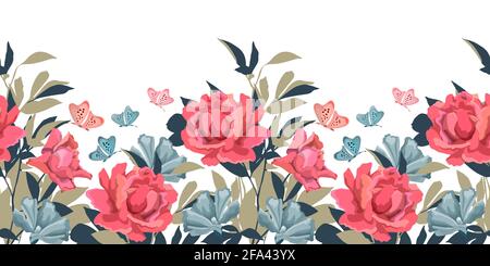 Motif fleuri vectoriel sans couture, bordure. Roses, mélles, brindilles avec feuilles, papillons Illustration de Vecteur