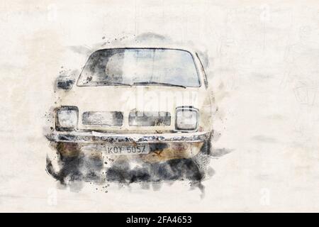 Brésil, 2020: Peinture aquarelle d'une vieille voiture. Vue avant d'une machine rouillée. Modèle de voiture à essence. Banque D'Images