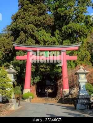 Yamanashi, Japon - novembre 17 2020 : vue de jour de la passerelle et de la grande porte rouge du torii devant le sanctuaire d'Asama Banque D'Images