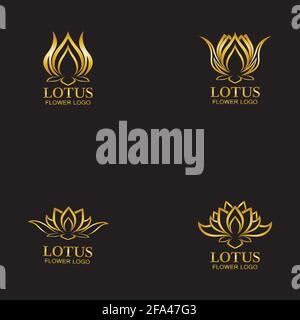 Logo fleur de lotus doré. Modèle vectoriel de l'icône lotus sur fond sombre avec effet doré pour les entreprises écologiques, de beauté, de spa, de yoga et médicales. Illustration de Vecteur