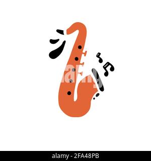 Illustration vectorielle de style plat minimaliste dessinée à la main en laiton traditionnel instrument de couleur orange vif appelé saxophone jouant fort créatif musique représentée avec des notes noires Illustration de Vecteur