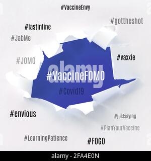 Vaccin FOMO hashtag. Peur de manquer, envie de vaccins. Incertitude durant les pandémies de Covid-19. Nuage de concepts et de sentiments connexes sur le papier Banque D'Images