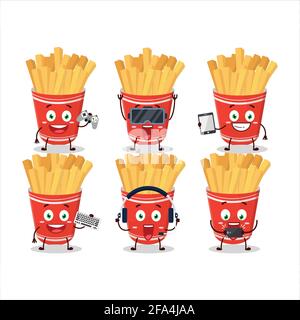Le personnage de dessin animé Cup of french fries joue à des jeux avec diverses émoticônes mignons. Illustration vectorielle Illustration de Vecteur