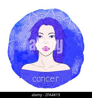 Carte d'astrologie avec signe de zodiaque cancer et beau portrait de femme sur un fond d'aquarelle décoratif avec motif. Élément d'eau. Illustrateur vectoriel Illustration de Vecteur