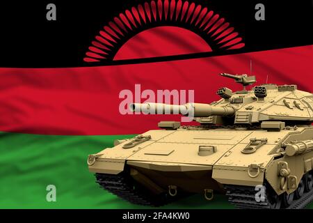 Char lourd avec conception fictive sur fond de drapeau du Malawi - concept moderne des forces armées de chars, militaire 3D Illustration Banque D'Images