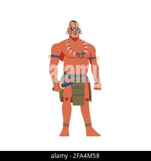 Guerrier de l'Amérique du Sud, Maya, Aztec ou Inca. Un guerrier aborigène fort avec un couteau dessin animé, illustration vectorielle plate isolée en blanc Illustration de Vecteur