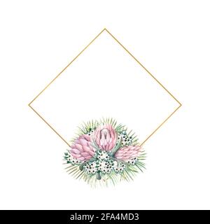 Cadre doré en forme de diamant avec fleurs protea, feuilles tropicales, feuilles de palmier, fleurs de bouvardia. Bouquet de mariage dans un cadre pour le design d'un élégant Banque D'Images