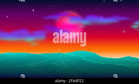 Paysage futuriste avec des montagnes cyber-punk stylées des années 80 sur une planète verte avec un ciel orange. Fond Synthwave pour la couverture musicale ou l'affiche. Illustration de Vecteur