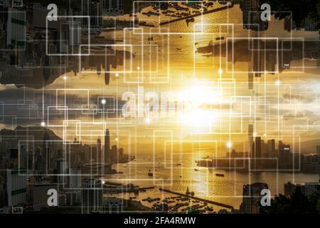 Technologie Internet des choses au-dessus du SkyScape de Hong Kong à l'heure du coucher du soleil, Architecture d'affaires et bâtiment avec concept touristique, Techn Banque D'Images