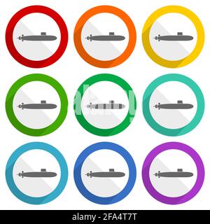 Sous-marin, marine, bateau, navire, icônes de vecteur d'armée, jeu de boutons plats colorés pour la conception web et les applications mobiles Illustration de Vecteur