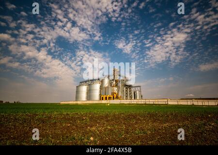 Ascenseur moderne en granit. Silos d'argent sur des installations de transformation et de fabrication agro-alimentaires pour le séchage de traitement, le nettoyage et le stockage de produits agricoles, Banque D'Images