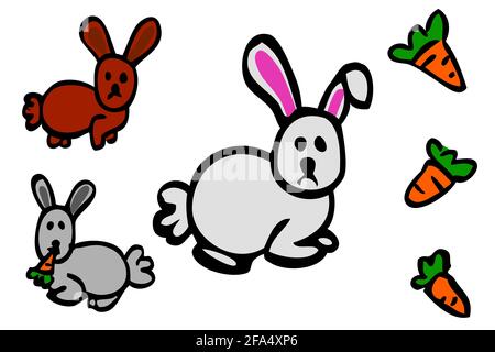 Doodle Vector Hand Draw Sketch 3 carotte de lapin, isolée sur blanc Banque D'Images