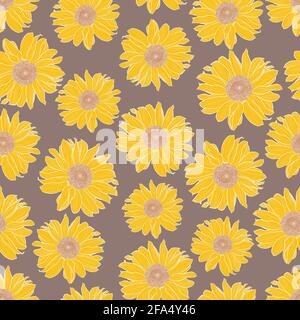 Motif vectoriel sans couture de tournesol jaune avec contour blanc sur fond taupe. Imprimé décoratif pour le papier peint, l'emballage, le textile, le tissu de mode ou d'autres couvertures imprimables. Illustration de Vecteur