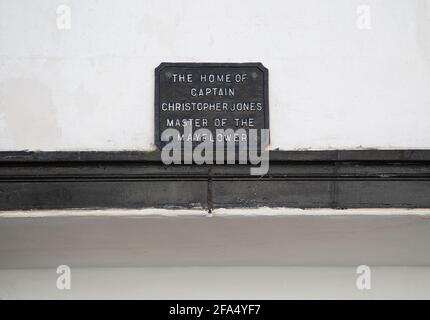 Le capitaine Christopher Jones de la plaque de Mayflower sur sa maison, Harwich, Essex, Angleterre, Royaume-Uni Banque D'Images