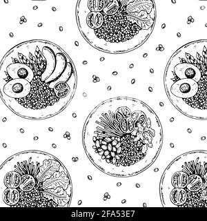 Motif sans couture dessiné à la main avec bols à céréales. Illustration vectorielle dans le style d'esquisse Illustration de Vecteur