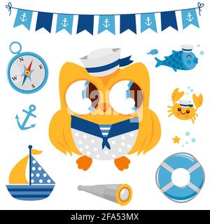 Mignon bébé marin hibou oiseau et voile marine partie éléments de conception dans les couleurs bleu et jaune. Bateaux, banderoles et poissons pour l'été, l'océan et nautique. Banque D'Images