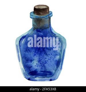 Aquarelle petite bouteille bleue de verre dessinée à la main avec bouchon. Modèle de bouteille antique avec élément magique. Huile aromatique de style dessin animé. Banque D'Images