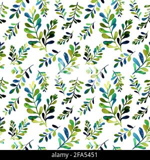 Branches aquarelles dessinées à la main avec des feuilles sans couture. Conception pour couvertures, emballage, textile. Le vert vif et le bleu clair laissent l'arrière-plan. Banque D'Images