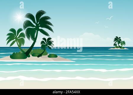 île tropicale, palmiers sur une île dans l'océan Illustration de Vecteur