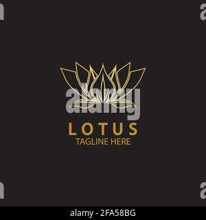 Logo fleur de lotus doré. Modèle vectoriel de l'icône lotus sur fond sombre avec effet doré pour les entreprises écologiques, de beauté, de spa, de yoga et médicales. Illustration de Vecteur