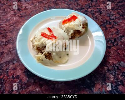 Zapallitos (variété Argentine de citrouille) fourré de viande hachée et couvert de fromage mozzarella Banque D'Images