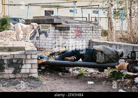 Novgorod, Russie, Aleksandr Kirillov - 04222021: 'Un homme sans abri ivre dort sur une pipe, son chien est à proximité' Banque D'Images