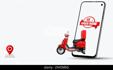 Concept de commerce électronique. Le scooter de livraison, l'icône d'emplacement et le bouton de commande maintenant sur l'écran du téléphone, isolés sur fond blanc. rendu 3d Banque D'Images