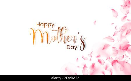 Joyeux jour de mère calligraphie fond. Carte de vœux Happy Mothers Day avec pétales de fleurs en 3d. (Illustration) Banque D'Images