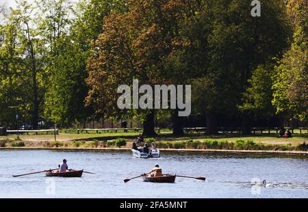 Des hommes en barques parcourent la Tamise à Kingston upon Thames, Surrey. Date de la photo: Vendredi 23 avril 2021. Banque D'Images