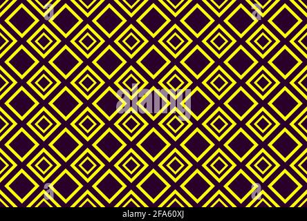 Illustration sans couture de carrés diagonaux avec bordures jaunes, fond violet foncé et zigzag arrangé. Banque D'Images